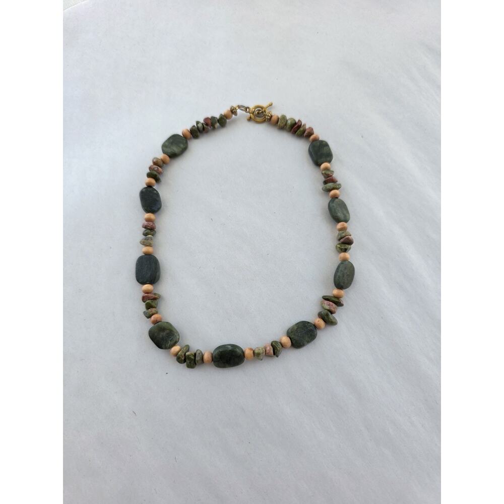 Handmade Gem Stone Beaded Artisan Necklace Nephrite & Unakite Green Choker Boho - Picture 4 of 10